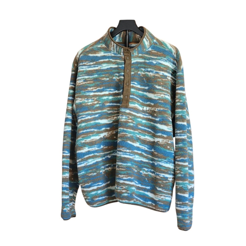 LL Bean Mens Fleece Pullover Size XL Blue Brown Abstract Snap Neck Recycled